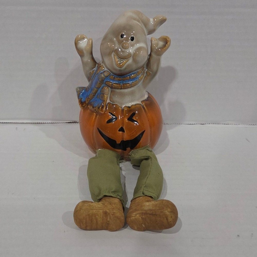 Vintage Ceramic Ghost Pumpkin Shelf Sitter Halloween Decor Fabric Dangle Legs
